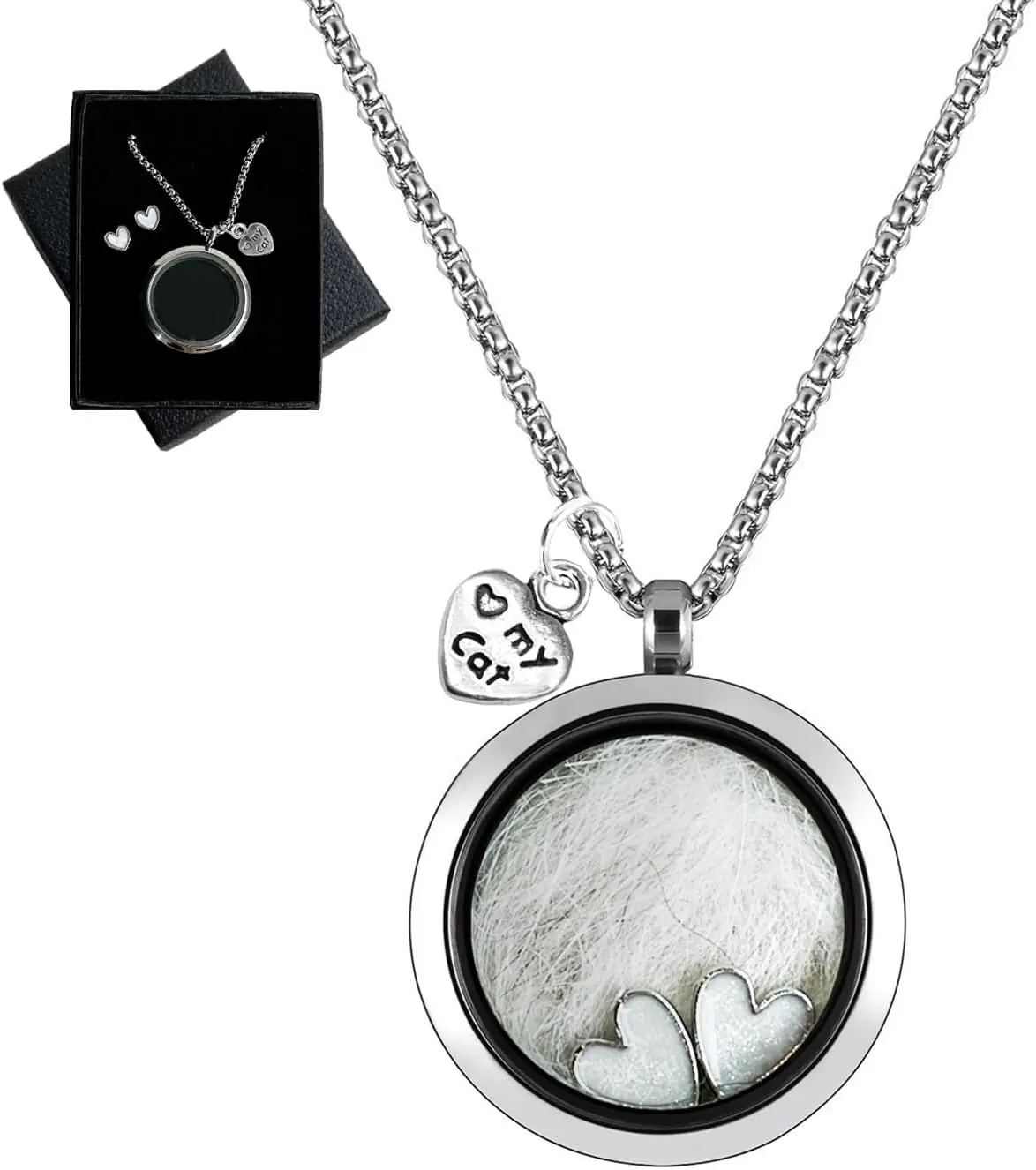 Cat Fur Keepsake Necklace, Ashes Hair Memory Urn with Charm, Glass Circle Memorial Pendant Necklace, Pet Cremation Memorial Jewelry for Women Men, Vial Necklace for Ashes