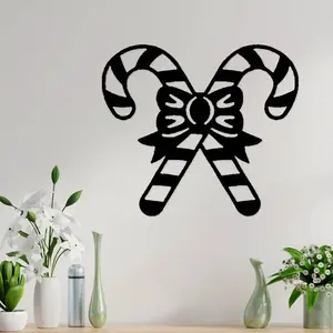 Candy Stick Metal Wall Decoration - Black Iron Christmas Day Decoration with Bow Design, Pre drilled for Easy Installation, Indoor/Outdoor Home Office Gardening Decoration, Labor Day and Christmas Festival Gifts, Sturdy Structure, Seasonal Decorations