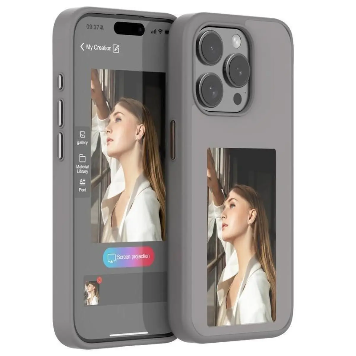 Smart Ink Phone Case for iPhone 14 / iPhone 15, DIY Smart Display Customizable Case with E-Ink Screen, Anti-Slip, Anti-Scratch, Anti-Shock Protection, Glass Projection Display