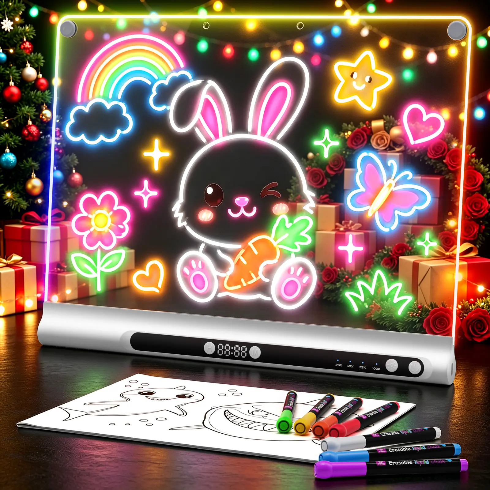 GEOKAY 16“ Rechargeable LED Drawing Board, 9-Color Light Modes with Timer & Built-in Stand, Neon Art Dry Erase Glow Up Doodle Note Pad, Sketching Gift Toy for Kids/Girls/Teens