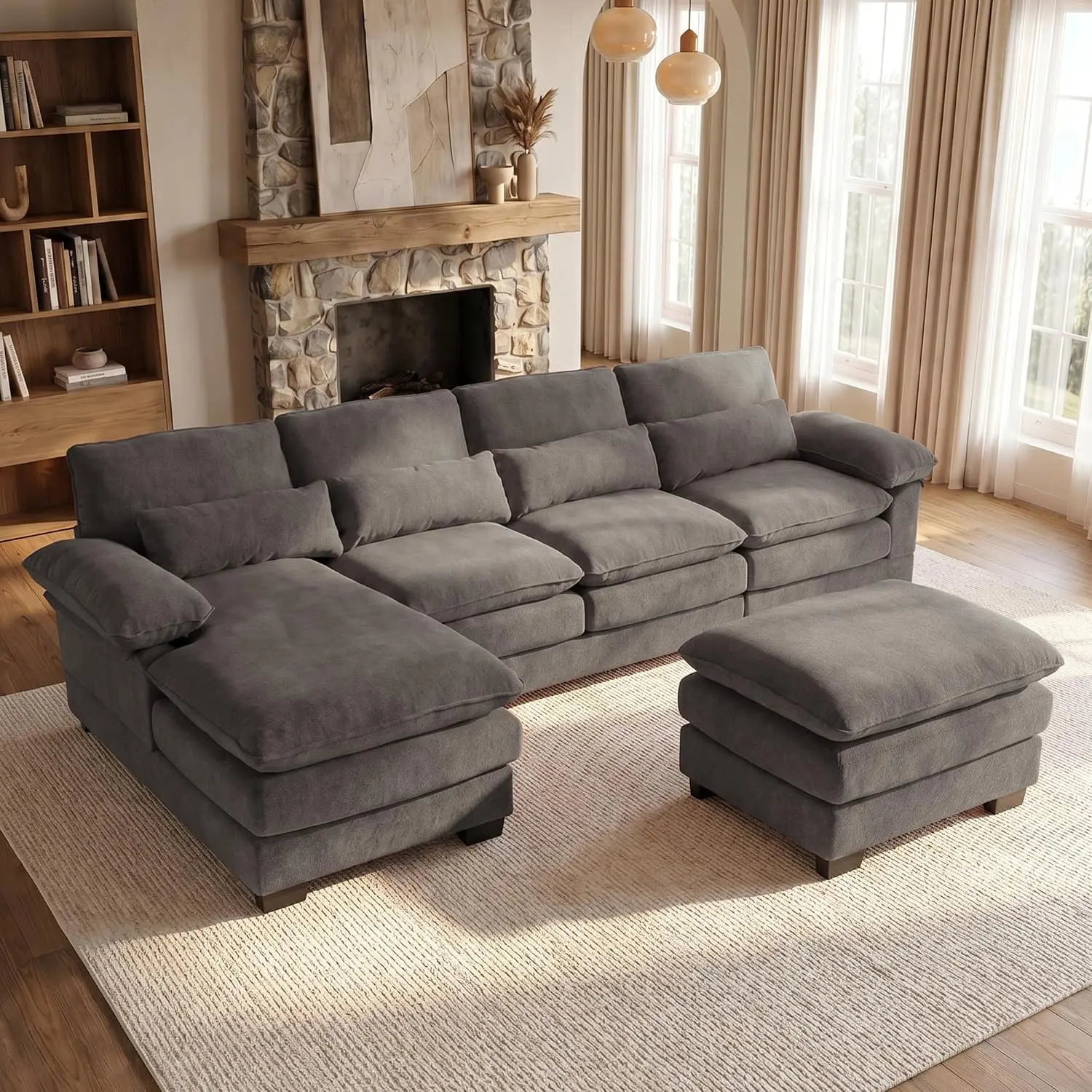 113" U Shaped Cloud Sectional Couch with Ottoman,Chenille Sofa,Grey | Oversized Modular U Shaped Sofa with Deep Seating,Movable Ottoman & Chaise for Living Rooms, Family Rooms and Movie Nights