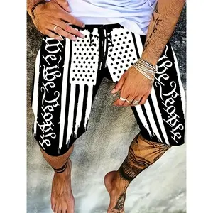 Men's Patriotic Beach Shorts - "WE THE PEOPLE" & American Flag Print, Casual Drawstring Swim & Surf Trunks, Lightweight Polyester, Ideal for Summer Outings & Beach Activities