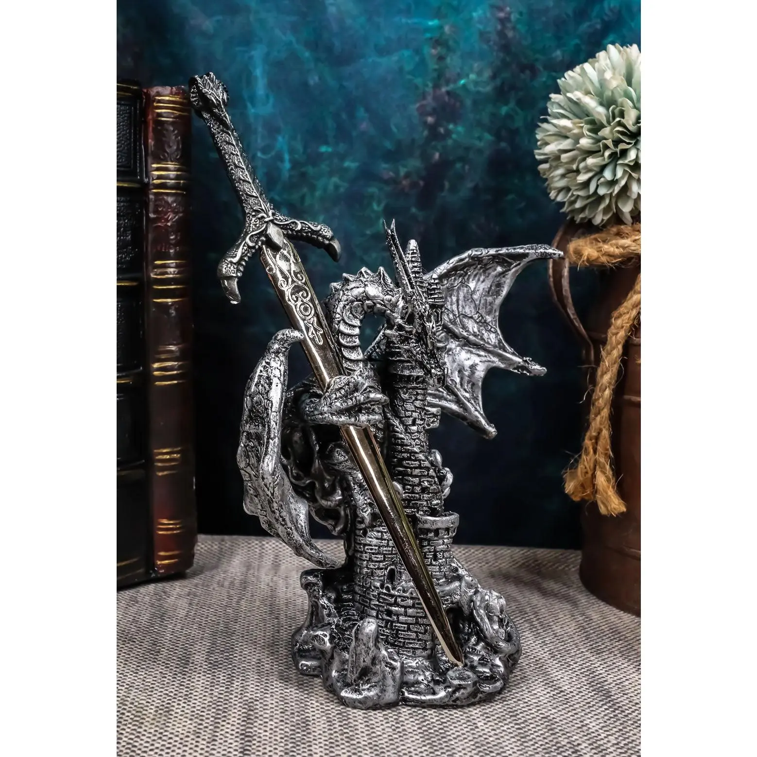 Ebros Gift Legendary Silver Dragon Protecting Castle Tower Letter Opener Figurine Sculpture Home and Office Decorative Sculpture Medieval Renaissance Dungeons and Dragons Fantasy
