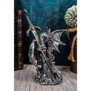 Ebros Gift Legendary Silver Dragon Protecting Castle Tower Letter Opener Figurine Sculpture Home and Office Decorative Sculpture Medieval Renaissance Dungeons and Dragons Fantasy