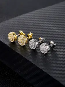 2 Pairs Of Iced Chics Round Hip-hop Stud Earrings Sets, Copper Inlaid Synthetic Zircon, Street Style, Couple Style, Date, Party, Gift, Fashionable Jewelry