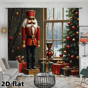 2D Flat 2Pcs Christmas Nutcracker Curtains, Traditional Holiday Decor, Red Gold Green Pattern, Winter Scene with Snow, Gift Boxes Design, Blackout Panels for Living Room Bedroom Window Treatment, Party Decoration, Machine Washable