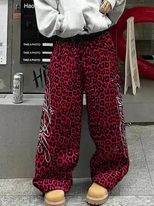 Men's Leopard Print Loose Sports Pants, Street Style Wide Leg, Handwriting Design, Casual Fitted Bottoms for Spring & Fall