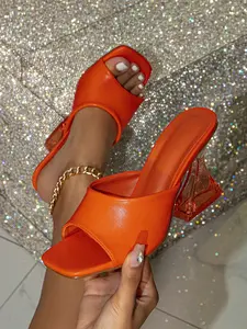 8.5cm Square Toe High Heel Sandals, PU Material, Transparent Heels, Summer New Arrival, Suitable for Daily/sand Party, Women's Shoes