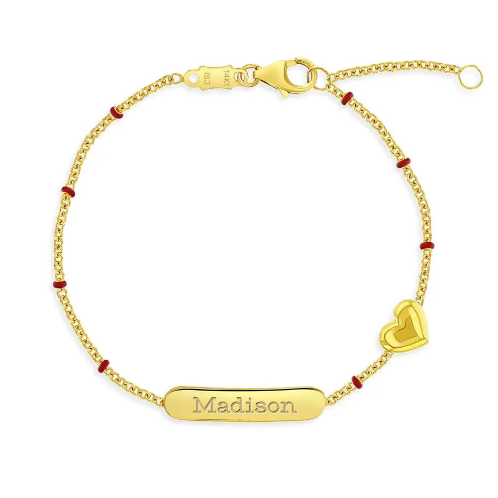 14k Gold 5"- 6" Engravable Heart Baby / Toddler / Kids Bracelet Enamel Satellite Chain