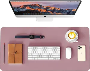 PU Leather Desk Pad Protector Waterproof Double-Sided Desk Mat and Mouse Pad 23.6 × 13.7 in for Office and Computer Desk Purple/Pink