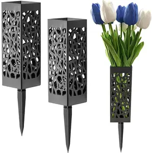 2 Sets Memorial Flower Holder for Cemetery Grave Yard Decorations Black Plastic Square vases with Spikes for Gravestone Garden Ground Outdoor Marker Decorations