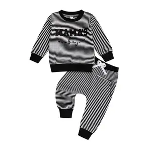 Toddler Baby Boy Fall Outfit Letter Embroidered Striped Crew Neck Long Sleeve Tops and Pants 2 Pcs Set Clothing Clothes 0-6M 6-12M 12-18M 18-24M 2-3Y Newborn Casual Cozy