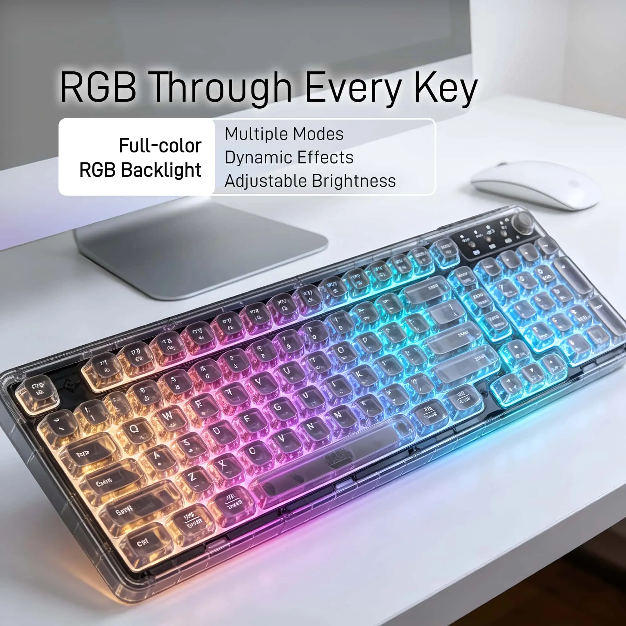 Crystal Transparent RGB Wireless Keyboard, 99-Key Tri-Mode Bluetooth Keyboard with Mechanical Feel, Media Knob & Number Pad, Black