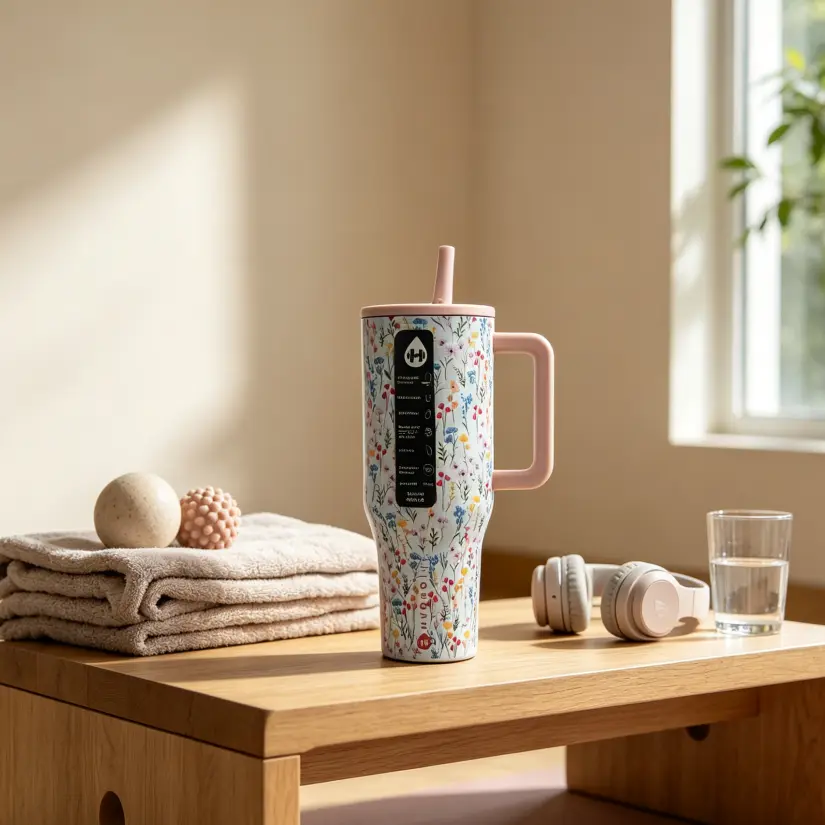 Spring Blossom Print HydroJug 40 oz insulated travel tumbler with straw, portable for car use, long-lasting cold/hot retention, fresh and stylish everyday gift cup, designed for hiking and picnics, all-day water storage, double-wall vacuum insulation, inc