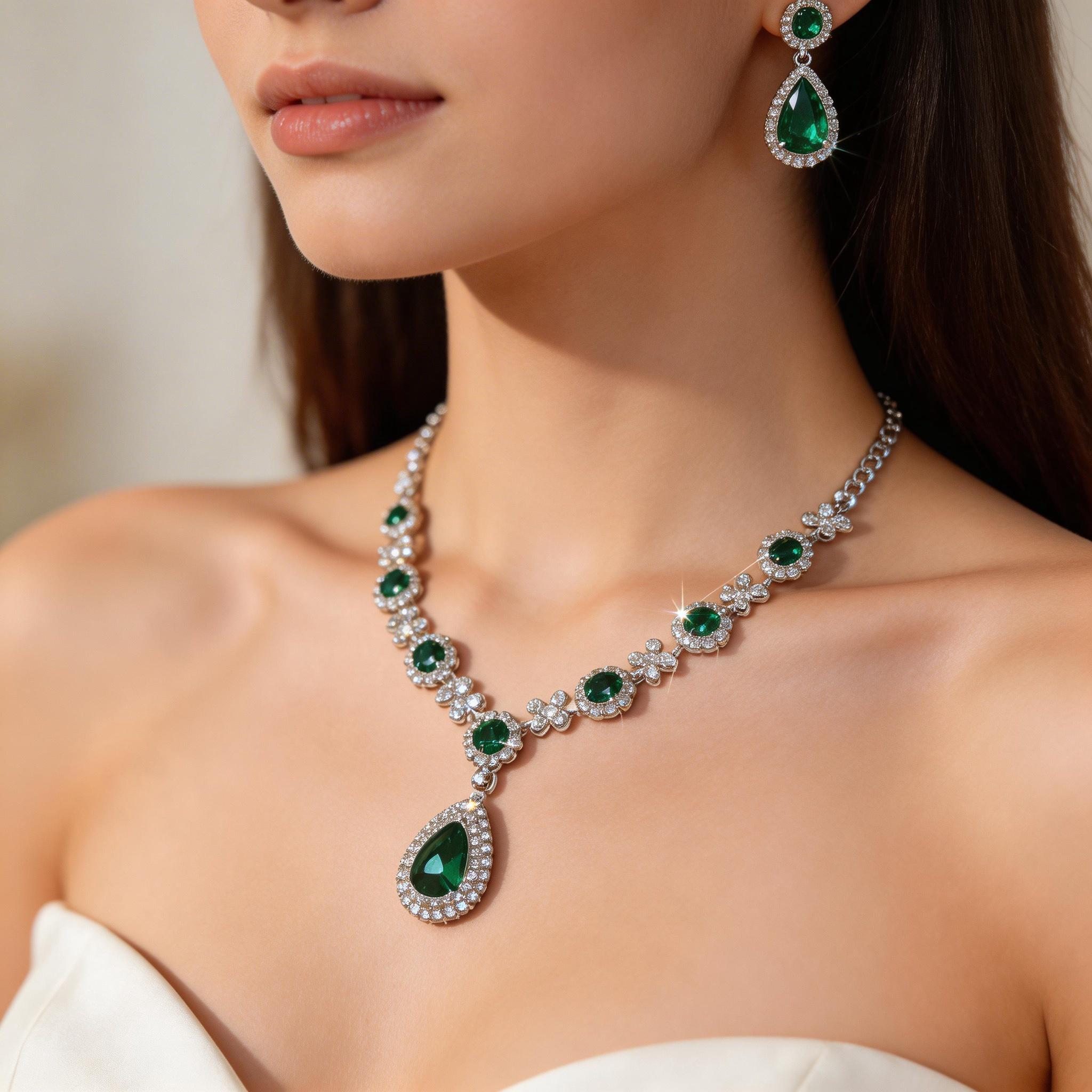 Dainty Hypoallergenic Emerald Jewelry Set, CZ Embellished, Perfect for Wedding/Gala, a Thoughtful Gift Hypoallergenic Elegant Emerald Jewelry Set, 2-in-1 Wear, a Loving Gift for the Classy Woman