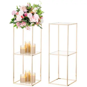 2 Pcs 31.5 Inch Metal Flower Stand, 2-layer Gold Centerpieces Vases Stand With Clear Acrylic Sheets, Geometric Display Rack for Wedding Party Decorations