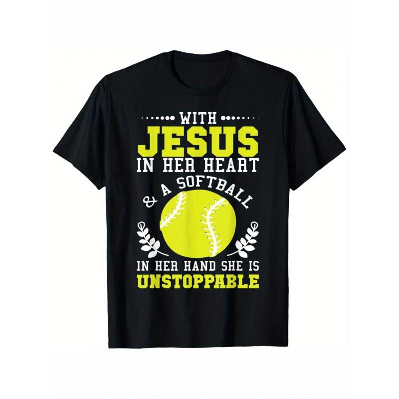 Women's & Men's Christian Softball Tee - Faith-Based Softball Graphic Shirt with "with Jesus in Her Heart & Ball in Her Hand" - All-Season Stretch Top for Sports, Church, Casual Attire - Inspirational Athletic Apparel Gift  Womenswear Streetwear