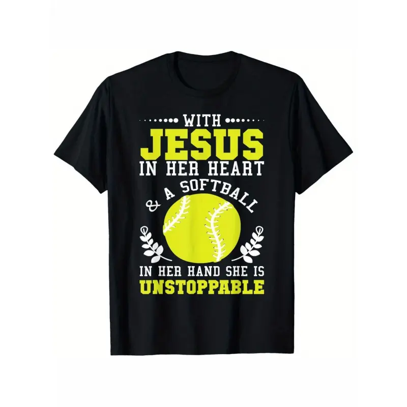 Women's & Men's Christian Softball Tee - Faith-Based Softball Graphic Shirt with "with Jesus in Her Heart & Ball in Her Hand" - All-Season Stretch Top for Sports, Church, Casual Attire - Inspirational Athletic Apparel Gift  Womenswear Streetwear