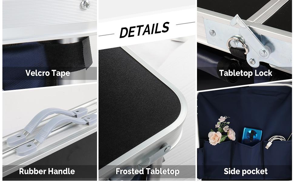 4 Ft Folding Table, Aluminum Camping Table, Picnic Table with Storage, Adjustable Height for Outdoor Beach BBQ Backyards Travel Party (White ＆ Blue)