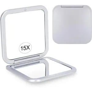 Compact 15X Magnifying Makeup Mirror for Travel, Small Pocket Mirror - Handy Foldable & Portable 2-Sided with 15X Magnifying and 1X Mirror for Purses - Square 3.3 x 3.3 inch (Silver)