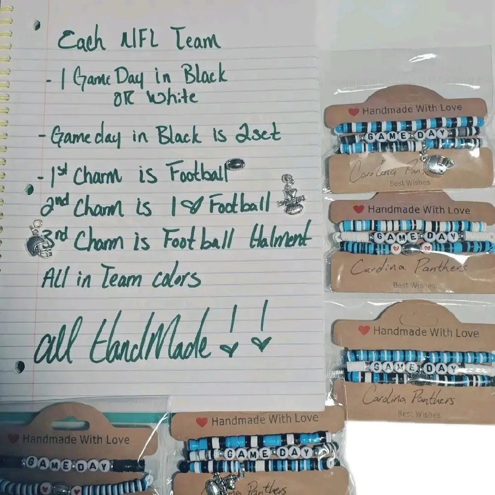 Handmade Team Bracelets - Game Day in Black or White, Football Charm, Football Helmet Charm, All in Team Colors