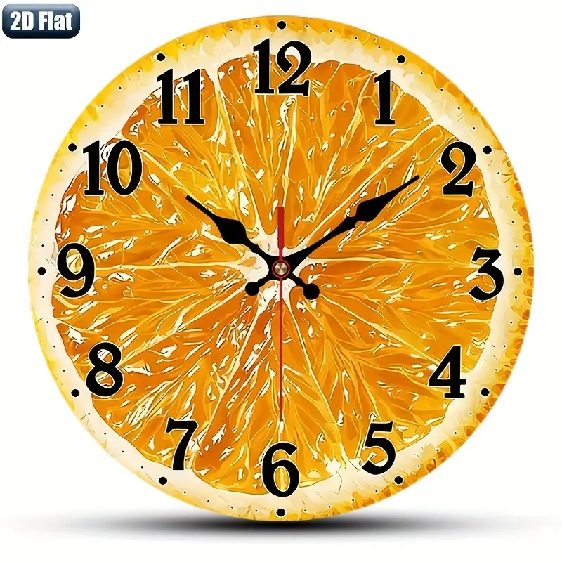 2D flat design. 1 piece set. Fresh Orange Fruit Wall Clock, Silent Decorative Wall Clock, Creative Wall Clock, Suitable for Bedroom, Living Room, Office Decoration, 25/30cm (Excluding AA Battery), 2D Flat Version