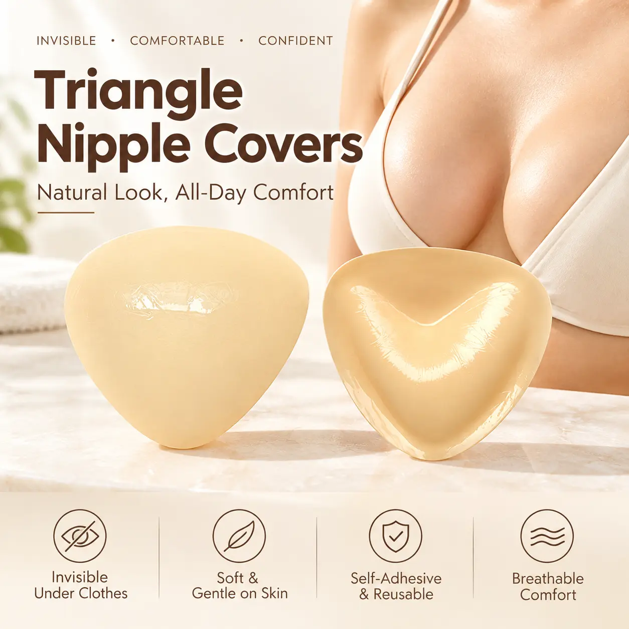 Women Self Adhesive Silicone Bra Inserts, Triangle Sticky Push Up Pads, Secure Fit Hidden Support, Adhesive Strapless Bra Inserts, Invisible No Glue Bra Padding, Reusable Lift Enhancing Cups