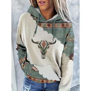 Women's Tribal Bull Head Print Drop Shoulder Hoodie, Boho Casual Drawstring Pocket Hooded Sweatshirt for Daily Holiday Outdoor Wear, Bohemian Fashion Women's Clothes for Spring & Fall, Downtown Girl Clothes, Tops