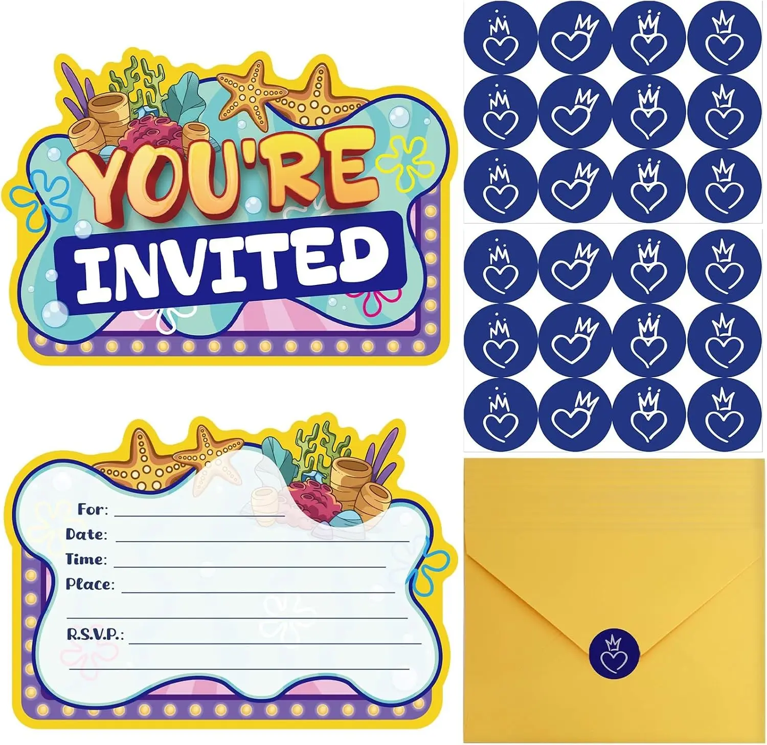 20Pcs Yellow Birthday Invitations- Yellow Invitations for Boys, Cartoon Greeting Card with Starfish Octopus Ocean Birthday Party Invitations With Sticker Labels 20 Envelope Gifts for Girls