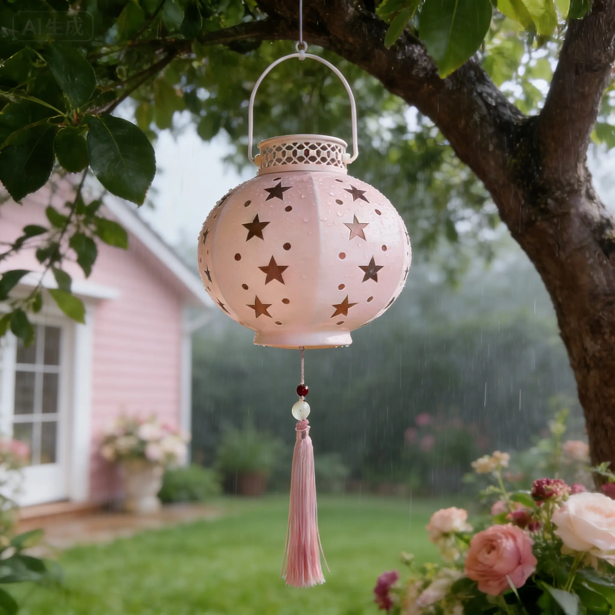 1 Pack Pink Solar Hanging Lantern - Star Hollow-Out IP44 Waterproof LED Light with Auto Light Sensor, Pink Tassel Included for Garden, Wedding, Outdoor Party Decorations