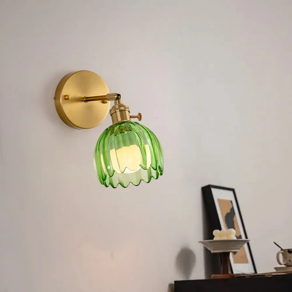 1P Glass Wall Lamp, No Wiring Required, Minimalist Floral Shade Design, RGB Bulb with Dimming Control, For Bedroom, Study, Living Room, and Feature Wall Decorative Lighting, Dimmable Wall Light