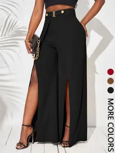 High Waist Wide Leg Trousers with Metal Buckle, Flattering Split Suit Pants for Everyday, Work & Party Wear