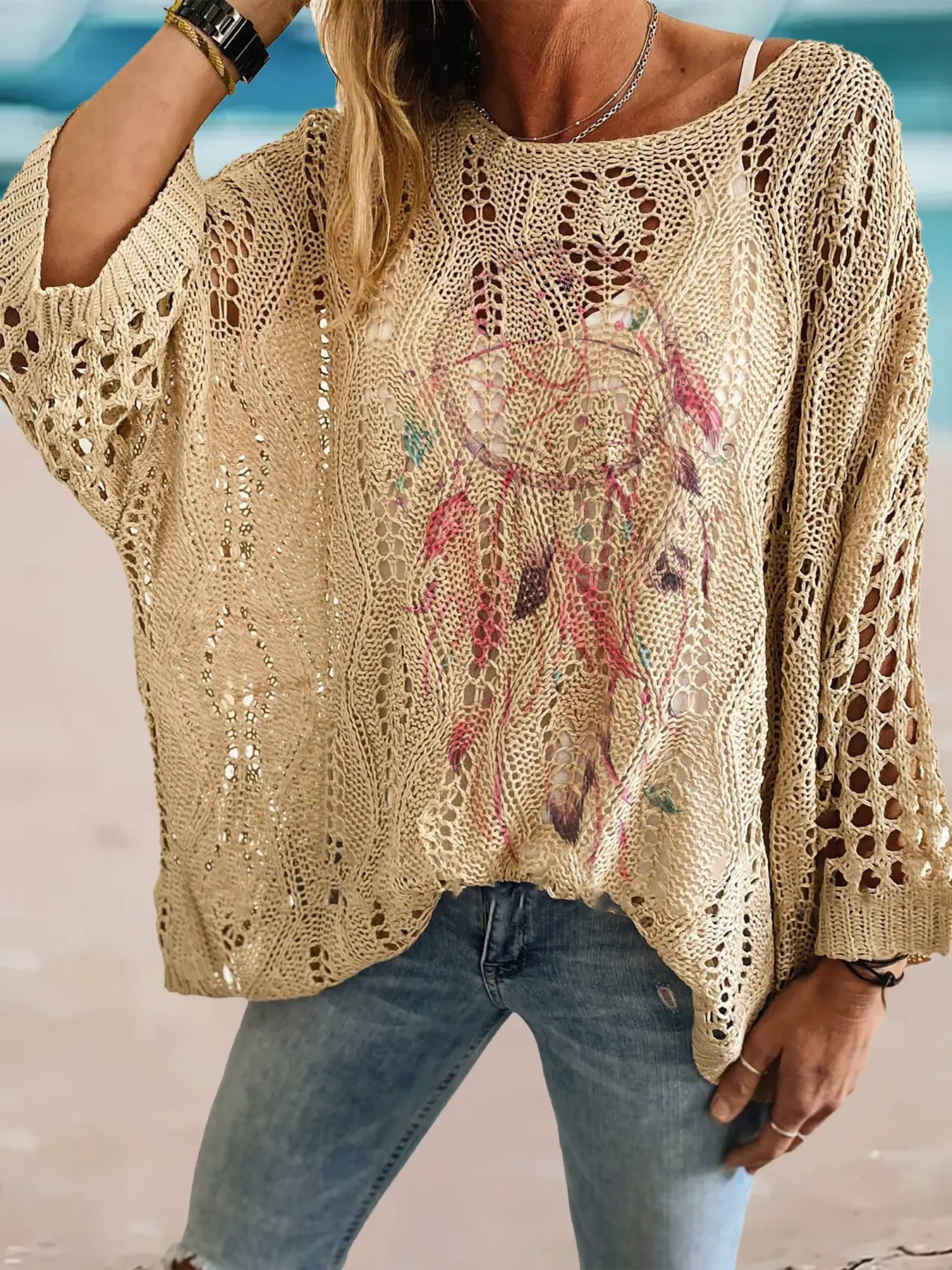 Spring and summer round-neck rhombus hollow bat-sleeve knitted cardigan with feather print, loose drop shoulder for a slimming effect, can be used as a bikini cover-up, suitable for commuting and vacation.