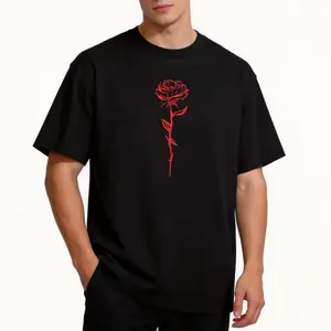 Spring Summer Couple Street Style Red Rose Line Art Print Loose Crew Neck Short Sleeve T-Shirt