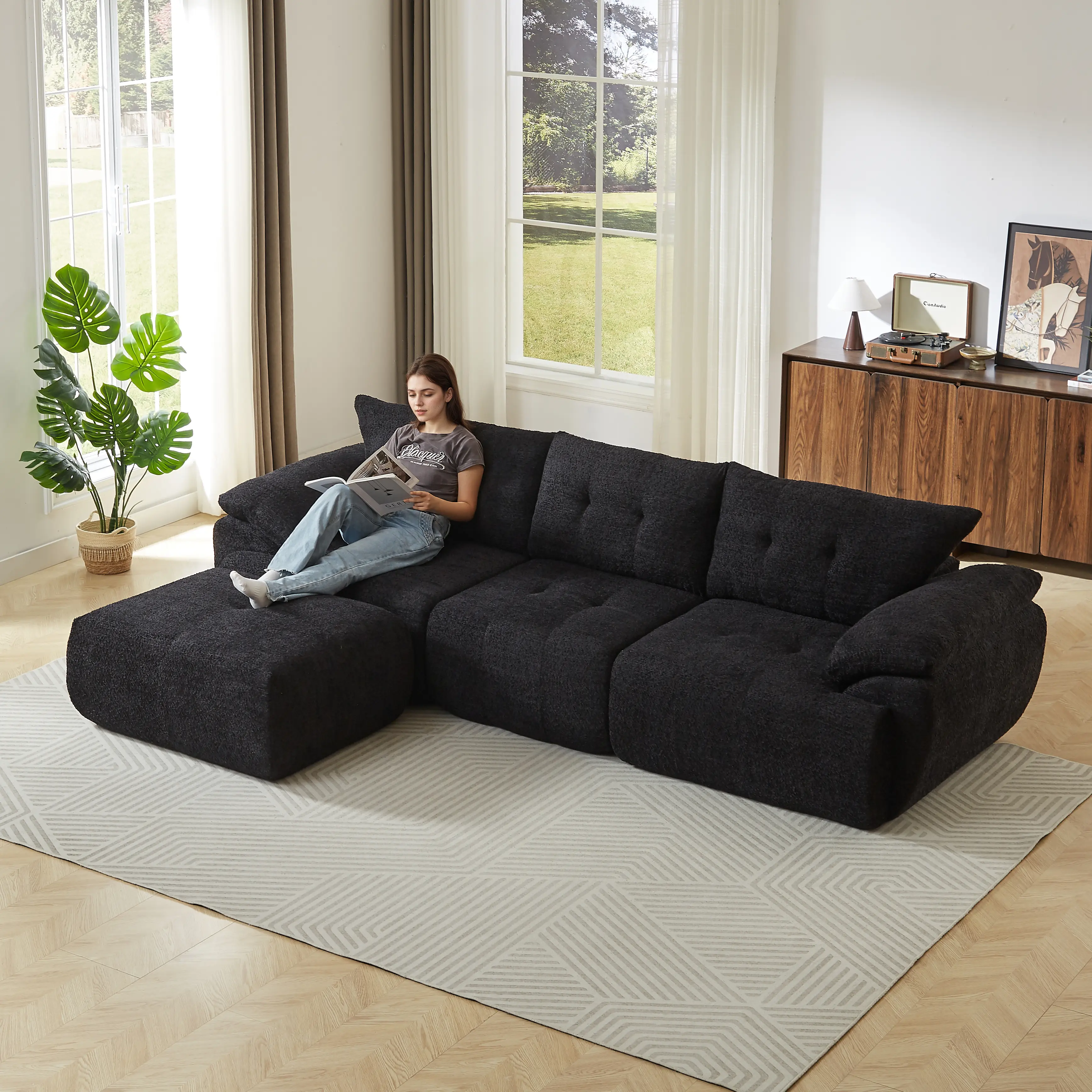 115” Curved Cloud Sofa, Modern 3-Seater Chenille Couch with Ergonomic Horn Backrest, Ultra Soft Deep Seating Furniture for Home & Office，Black
