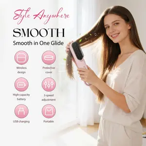 Go Brush - Pro for Short Hair, 2026 New Cordless Straightening Brush with 4 Temperature Settings, Portable Straightener Brushs for Travel, Rechargeable Hair Straightener for Daily Use (Pink)