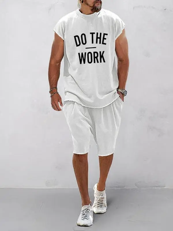COOFANDY Men's Casual Loose-Fit Word-Printed Cotton Sports Set, Mensfashion Tshirt-Included Menswear Clothing Set, Shirt, Casual Sporty Set, Fabric