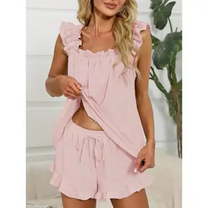 Womens Ruffle Pajama Set Cute Tank Top And Shorts Set Bride Pjs For Wedding Getting Ready Outfit