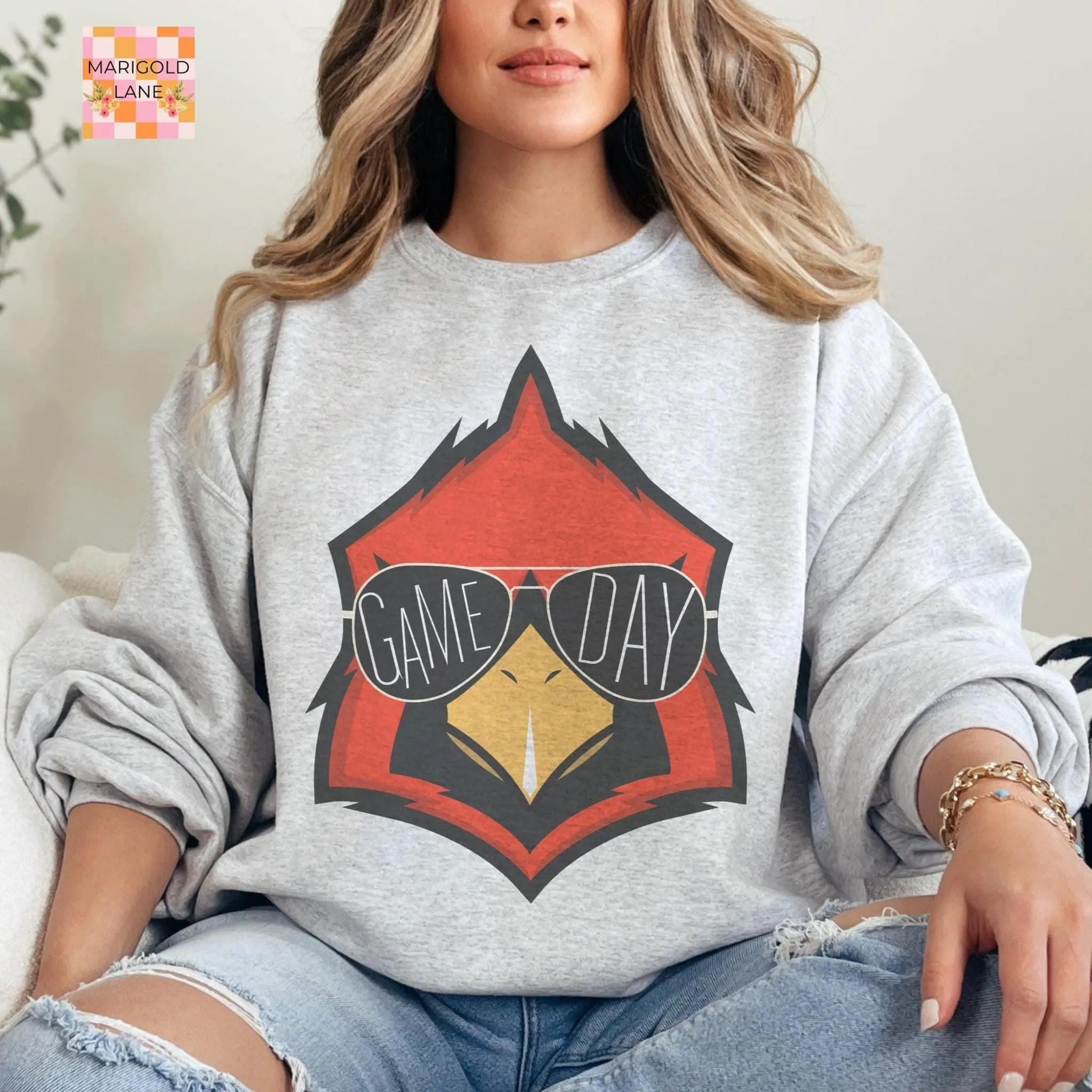Women's Cardinal Mascot Game Day Crewneck Sweatshirt - Vintage Retro Red Bird, Unisex School Spirit Tops, Casual Everyday Vibe