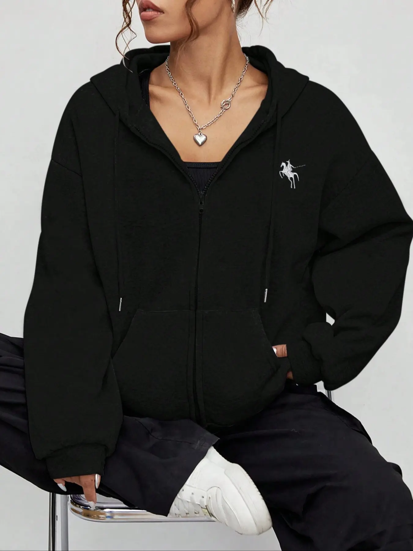 Women's Casual Hooded Sweatshirt with Horse Pattern, Thick Kint Fabric, Loose Fit, Fall & Winter Fashion Streetwear