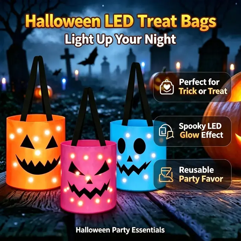 Halloween LED Glow Pumpkin Trick or Treat Bag, Reusable Light Up Candy Bucket, Spooky Portable Halloween Party Treat Basket for Kids
