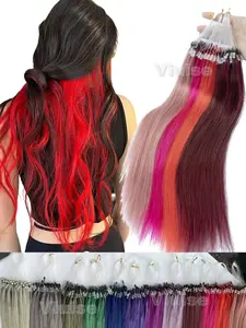 30g Grey/Blue/Green/Purple/Pink Colorful Natural Human Hair Micro Loop Human Hair Extensions Real Hair | Fishline Human Hair With Micro Beads | 50pcs/pack | Daily Highlight Hair Style | Party Hair Style | Weeding Hair Style | 12inch-20inch