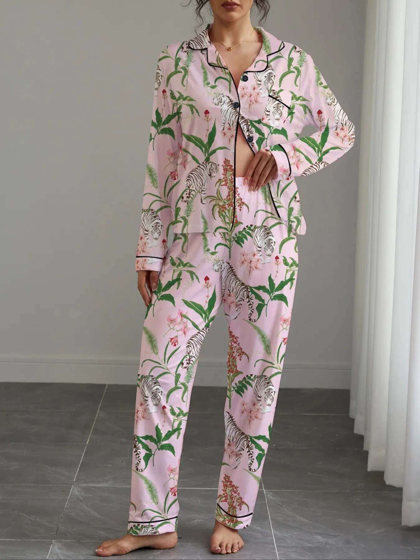 Women's Fall Winter Pajama Set, Loungewear, Tiger Print, Button Front Long Sleeve Top & Elastic Pants, Soft Stretchy Fabric, Casual Home Wear, Nightwear, Pjs
