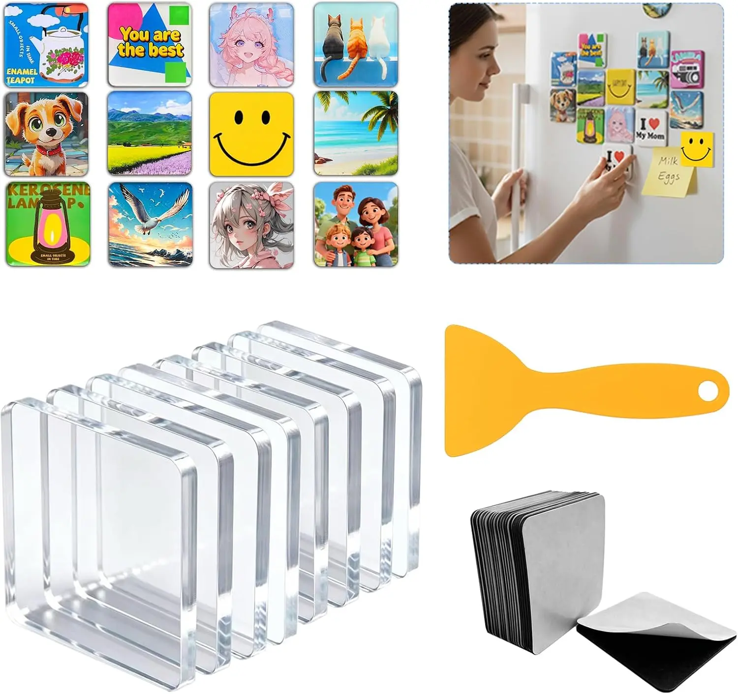 Clear Acrylic DIY Fridge Magnets Set with Adhesive Backing – Square Magnetic Photo Frames for Crafts, Kitchen, Classroom, Party & Office Decoration