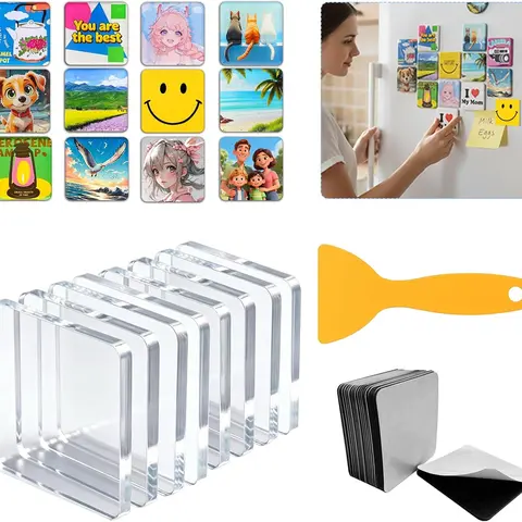 Acrylic DIY Square Refrigerator Magnets Set - Cut+Peel+Stick Adhesive Backing Photo Frames for Art Lovers, Kitchen Decor, Birthdays (Refrigerator Decorating Magnets)