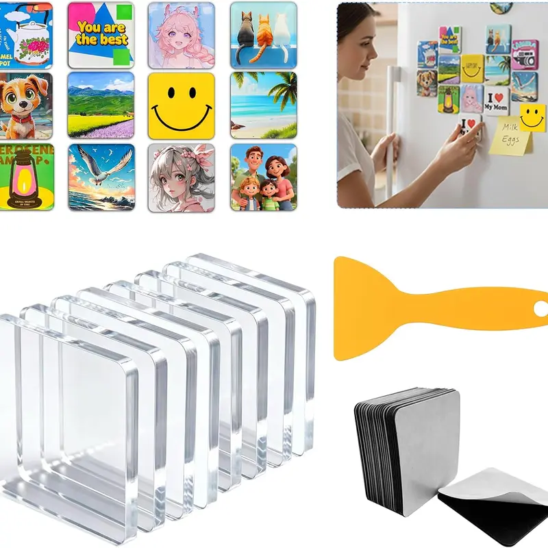 Acrylic DIY Square Refrigerator Magnets Set - Cut+Peel+Stick Adhesive Backing Photo Frames for Art Lovers, Kitchen Decor, Birthdays (Refrigerator Decorating Magnets)
