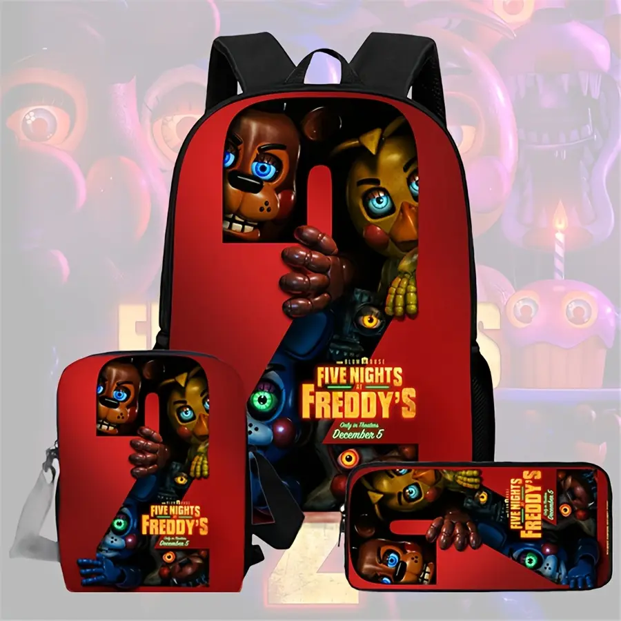 Unisex 3-Piece 5 Nights at Freddy's Character Art Backpacks Set - Adjustable Straps, Zippered Closure, Includes Backpack, Crossbody Bag, Small Pouch for Fans, School, Travel