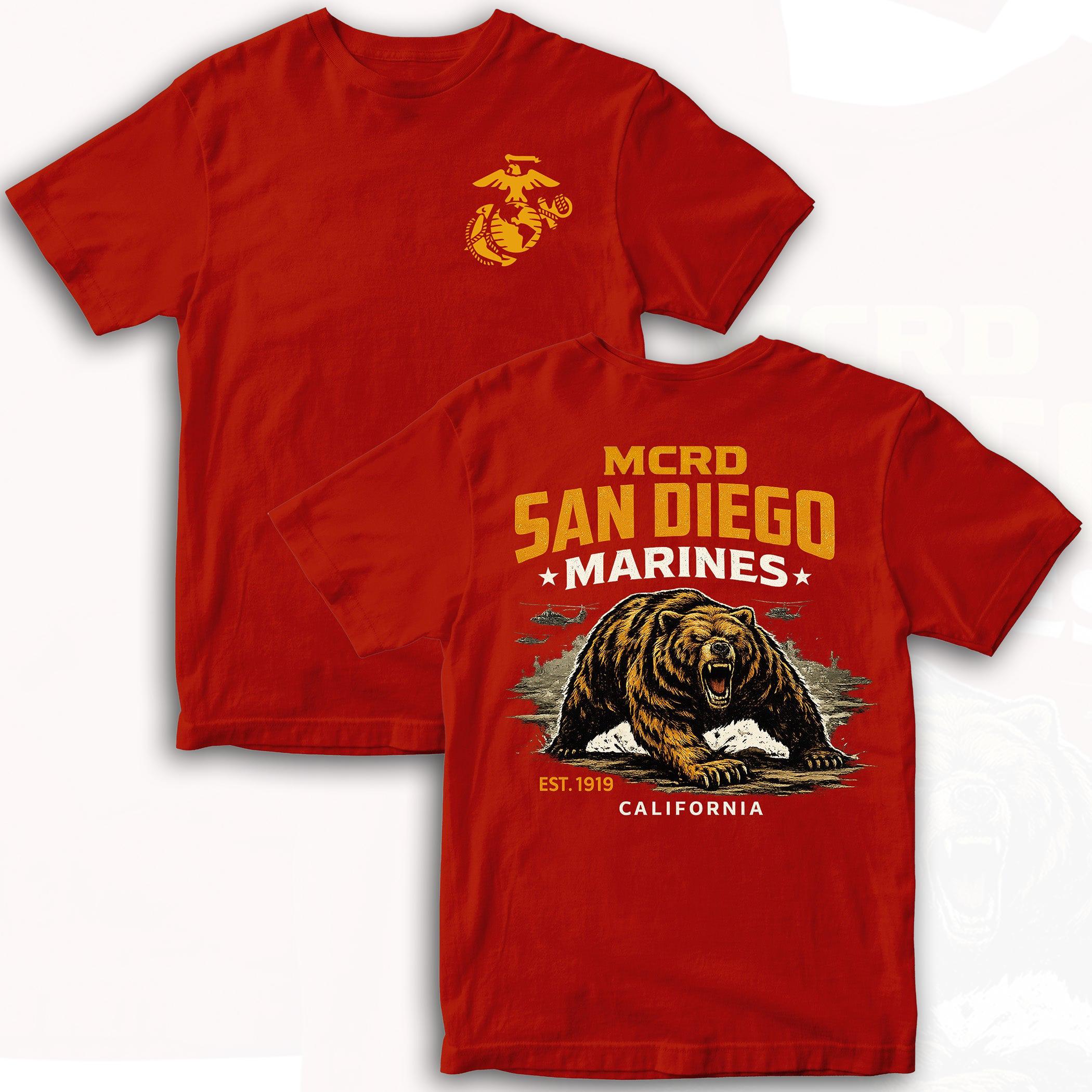Men's San Diego Marines Growling Bear Short-Sleeve Round Neck T-Shirt, USMC Recruit Depot Graphic Top, Military Pride Fierce Design, Veteran Support Gift, Patriotic Menswear Casual Outfit
