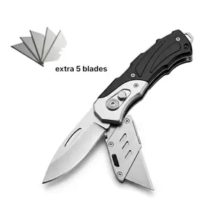 EDC Utility Knife - Dual Blade Folding Design, Box Cutter, 5 PICS SK5 Blades replacement, Belt Clip, Stainless Steel, Durable & Compact for Everyday Tasks Survival Hand Tools Home