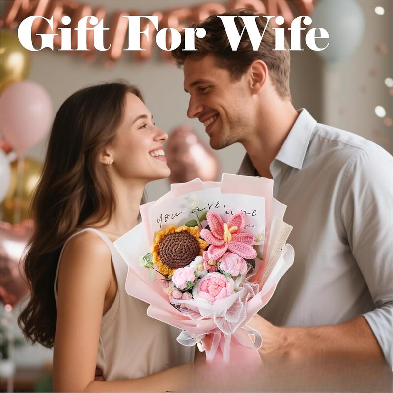 Crochet , Crochet Flower Bouquet, Crochet Sunflower,  Roses Handmade Knitted , Carnation, Preserved Flower for Mother's Day, Valentine's Day, Birthday, Graduation (Pink)